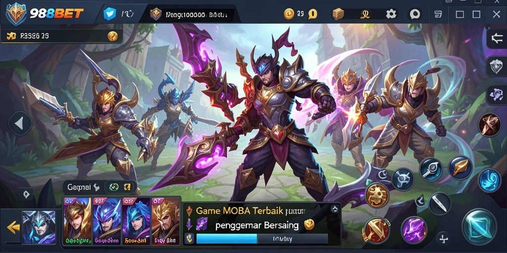 Tampilan screenshot game MOBA dengan aksi seru dan karakter berwarna-warni.