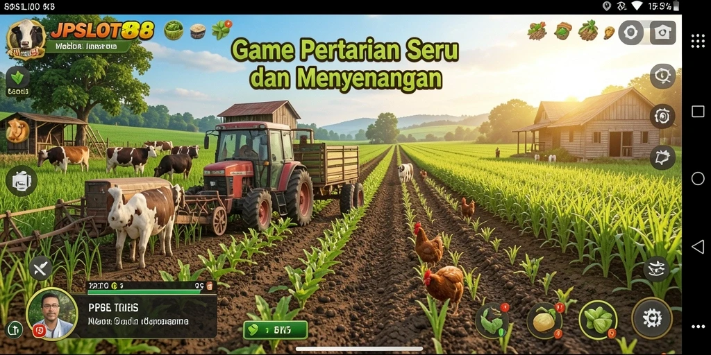 Screenshot gameplay JPSLOT88 menampilkan petani yang sedang memanen tanaman.