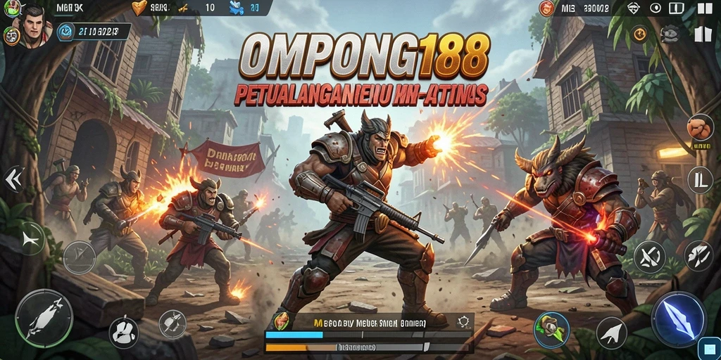 Tampilan aksi mendebarkan dalam OMPONG188 dengan karakter bertarung melawan musuh.