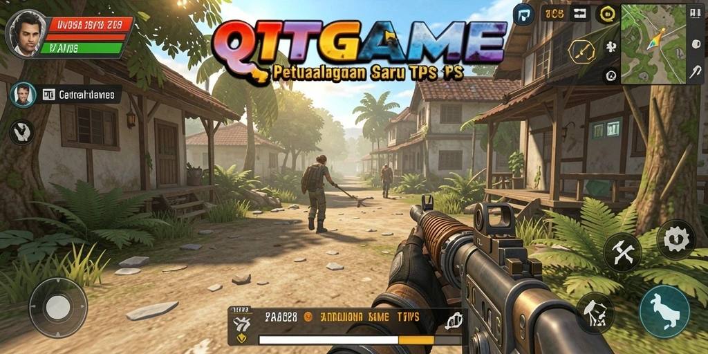 Tangkapan layar permainan QTGAME menunjukkan aksi tembak-menembak yang seru.
