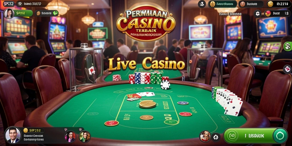 Screenshot gameplay SP212 menampilkan dealer langsung dan suasana kasino yang dinamis.