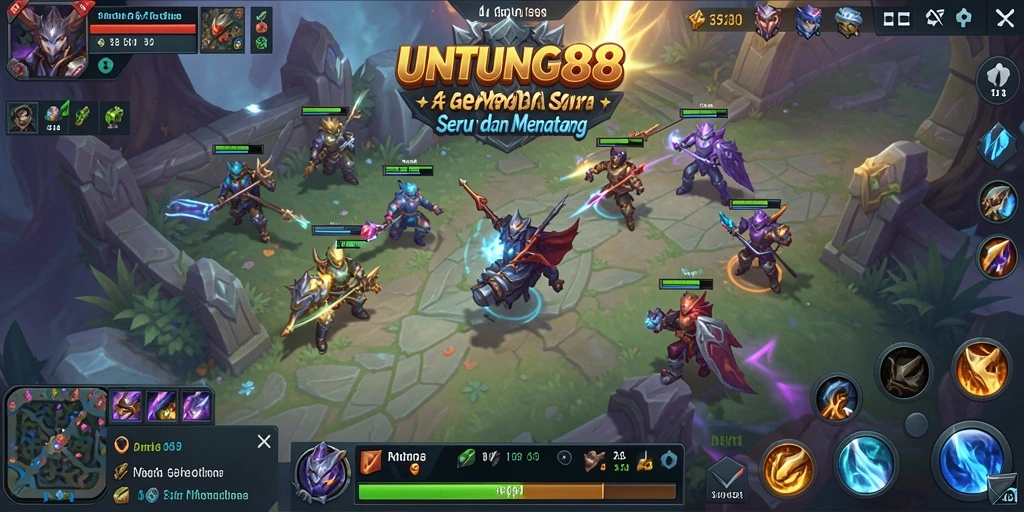 Tangkapan layar UNTUNG88 menunjukkan pertempuran MOBA yang epik.